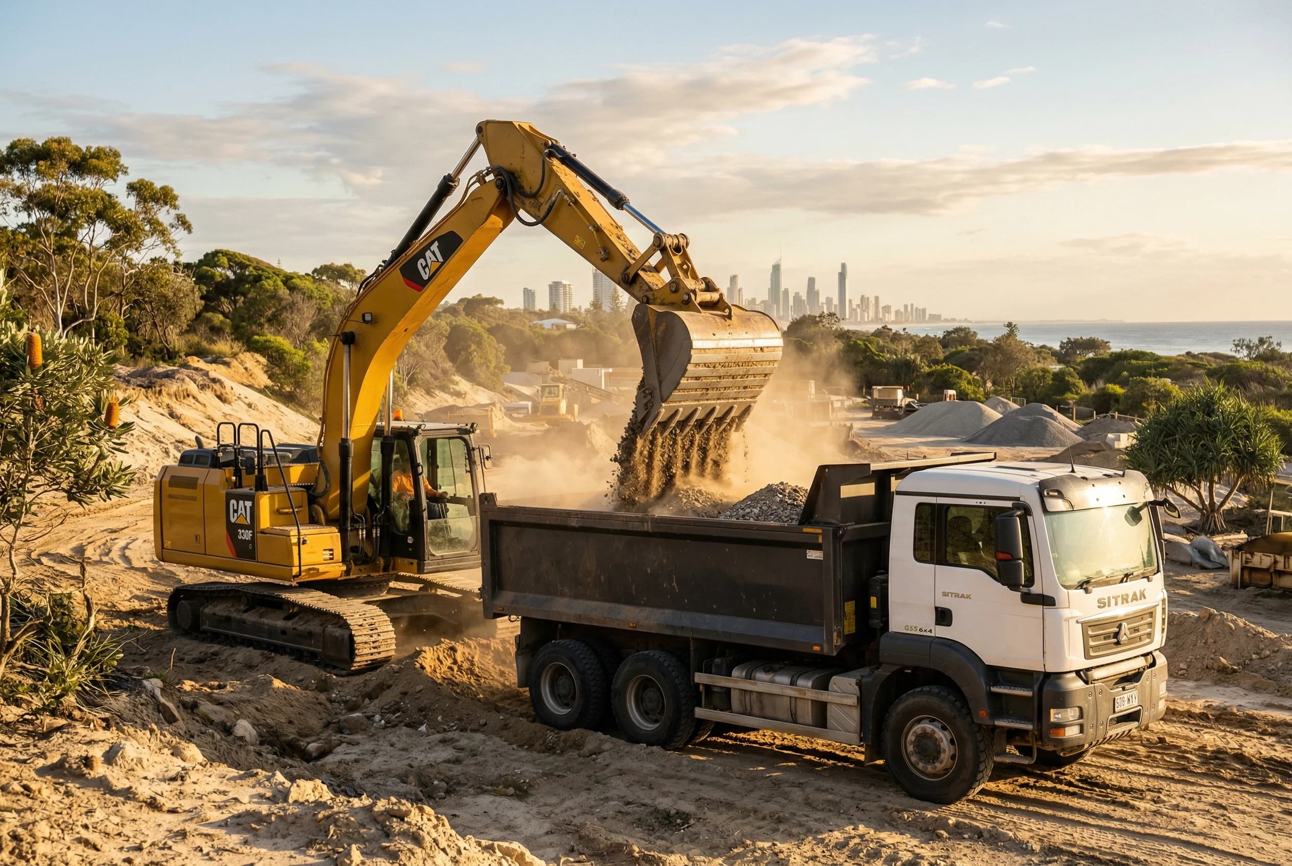 Excavator loading gravel into a tipper truck